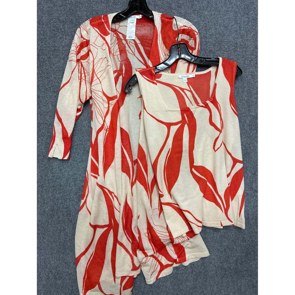 Chicos Duster Cardigan and Tank Set Orange Cream Floral Leaf Knit Size 2 Large
